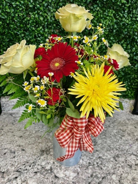 Reds &amp; Yellows  - Perfect for any occasion! Beautiful spider mums, white roses, and red gerbera daisies. Can make custom to order! 