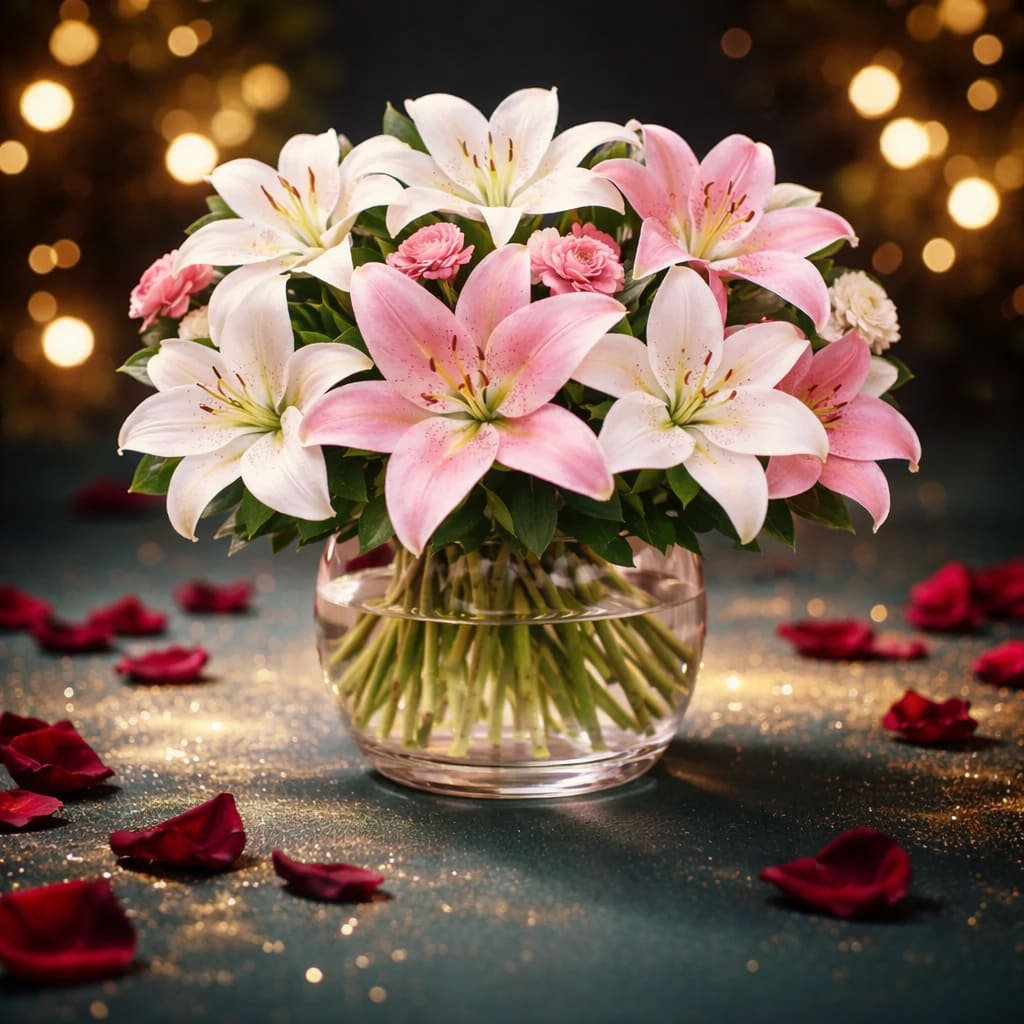 Soft Embrace - Soft Embrace features elegant pink and white lilies arranged with delicate blush accents and fresh greenery in a clear glass vase. This serene design symbolizes admiration, grace, and heartfelt affection—perfect for Valentine’s Day or meaningful moments.  Handcrafted by a local Charlotte florist offering same-day flower delivery in Charlotte, North Carolina.