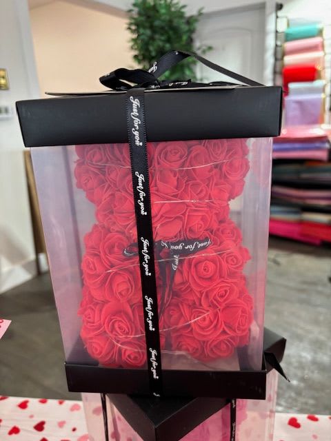 Red Rose Bear - Bear shaped red rose arrangement with fairy lights.  Comes in display box for easy display and transport!