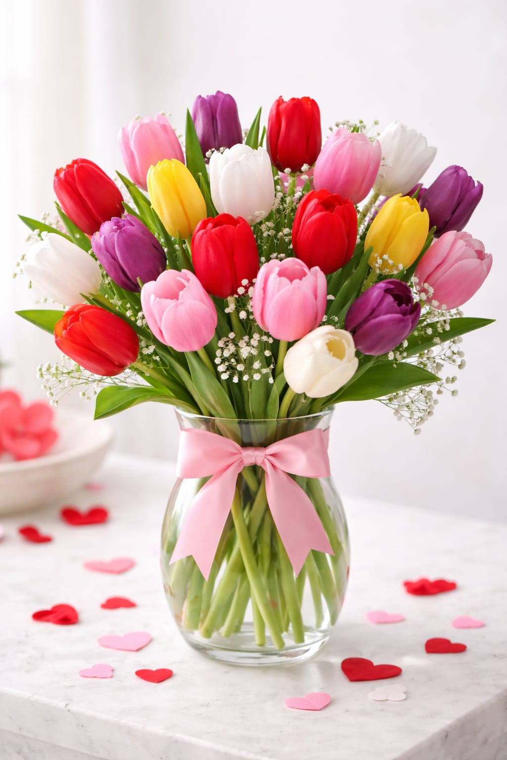 Tulips in Love - Tulips in Love  A romantic vase arrangement of fresh mixed tulips  Celebrate love in its sweetest form with Tulips in Love, a lush arrangement of premium mixed tulips designed in a classic glass vase. This romantic bouquet features vibrant tulips in beautiful seasonal colors, creating a soft, elegant look that feels heartfelt and modern.  Tulips symbolize true love, happiness, and new beginnings, making this arrangement perfect for anniversaries, date nights, birthdays, or simply reminding someone how much they mean to you. Designed with a full, balanced shape, this bouquet brings color, charm, and romance into any room.  Hand-arranged by our floral designers and delivered fresh, Tulips in Love is a timeless expression of affection.  Tulip colors may vary based on seasonal availability.   What’s Included  • Premium mixed tulips • Romantic, soft color palette • Classic clear glass vase • Hand-designed for a full, elegant look   Perfect For  • Romantic surprises • Anniversaries • “Just because” gifts • Apology flowers • Date nights • Office or home delivery