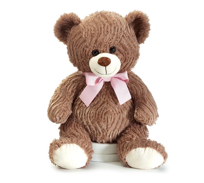 Brown Bear w/ Pink Bow - Soft wavy brown fur plush bear with brown nose and pink ribbon bow around the neck. Includes easy tie ribbon loop.  14" W x 12" D 15" H sitting 