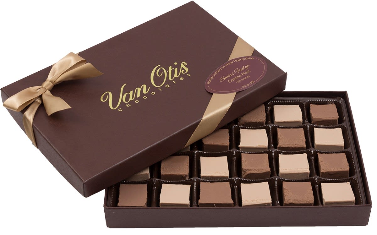 Van Otis Swiss Fudge - large box - A large 13.8 oz. box of Van Otis Swiss Fudge, containing a combination of light and dark fudge.  Handcrafted in Manchester, NH since 1935!  (no nuts) Voted NH's best for 17 consecutive years!