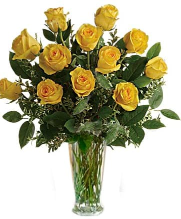 Classic Dozen Yellow Rose - Dozen Yellow Roses arranged in a glass vase with greens.