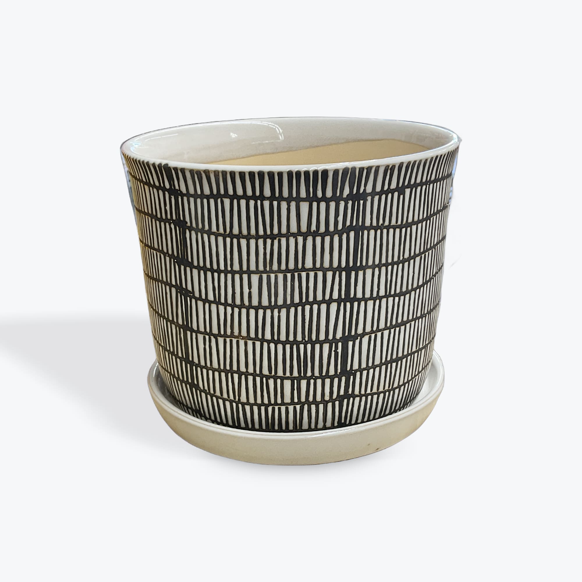 8inch Ivory Ceramic Line Pot with Saucer - Each planter includes an attached saucer that helps control water and protect surfaces, creating a cleaner planting setup.