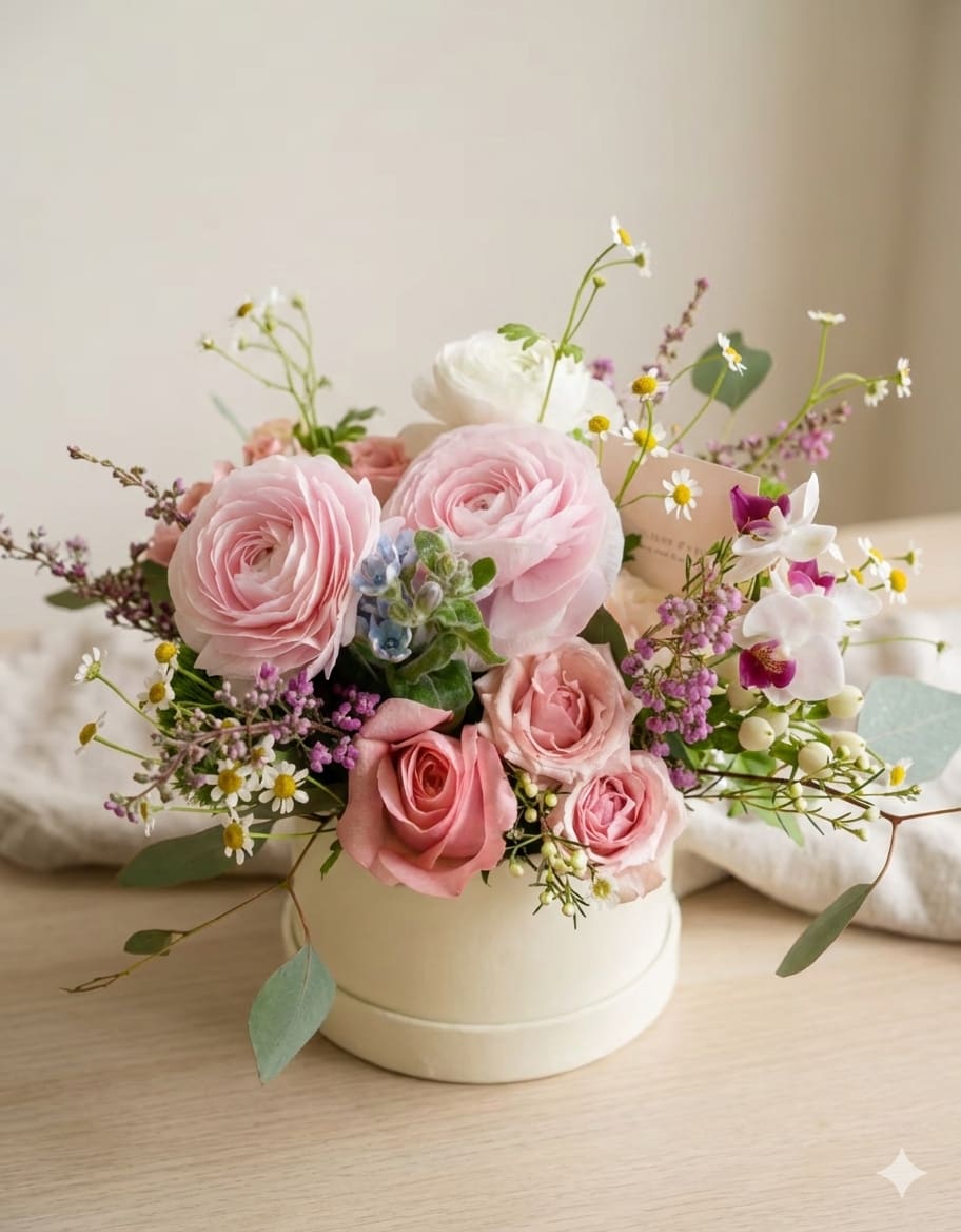 Ranunculus Blossom  - A beautiful mix of delicate ranunculus and classic roses in stylish box.