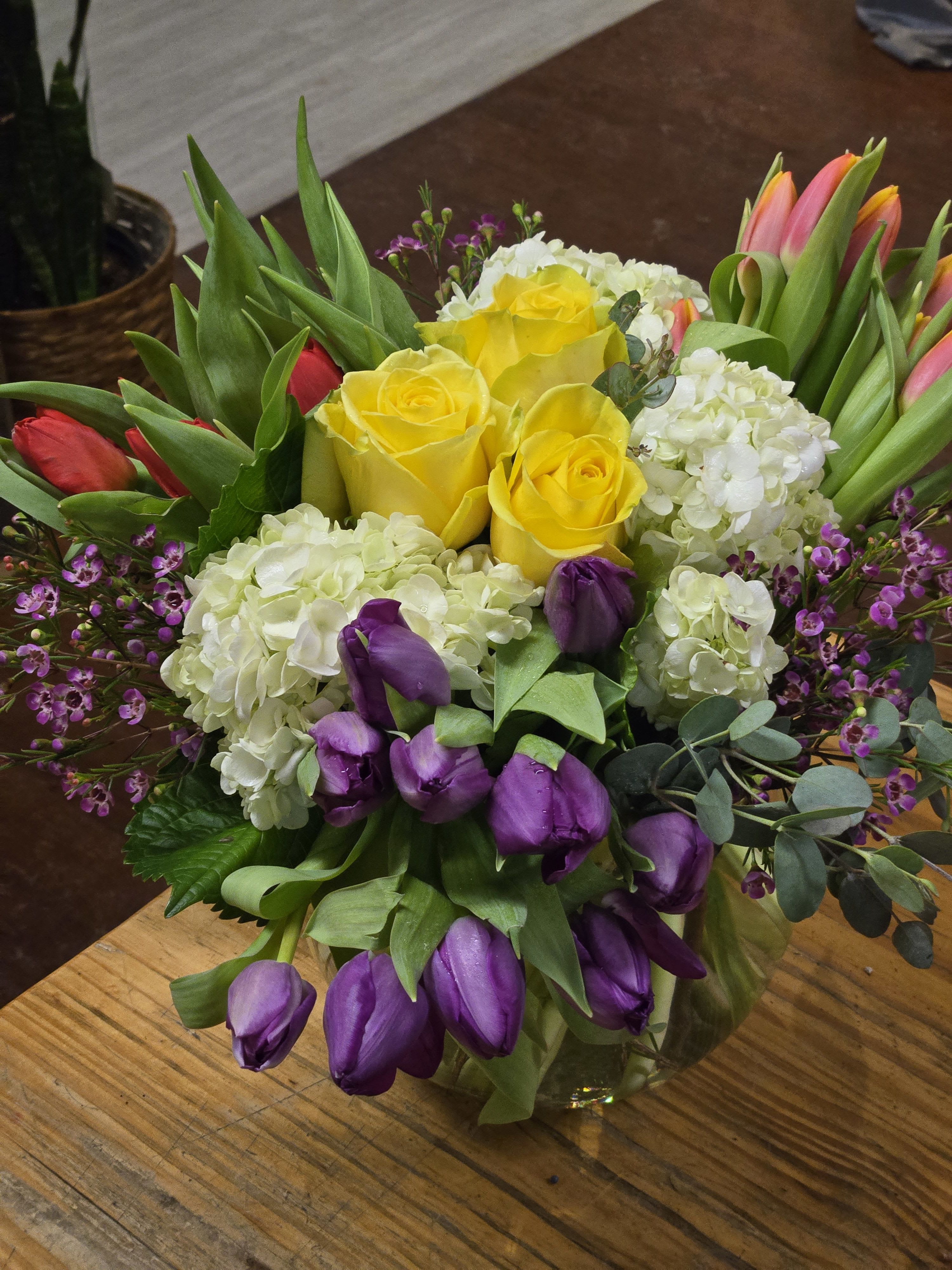 Tulips Burst Bubble Bowl - This beautiful, compact arrangement, is stunning! The colors are designer's choice but the florals will be arranged exactly as shown and always a show stopper. If you wish to request certain colors, please note that in the special request section of your order and we will do our best to accommodate. 