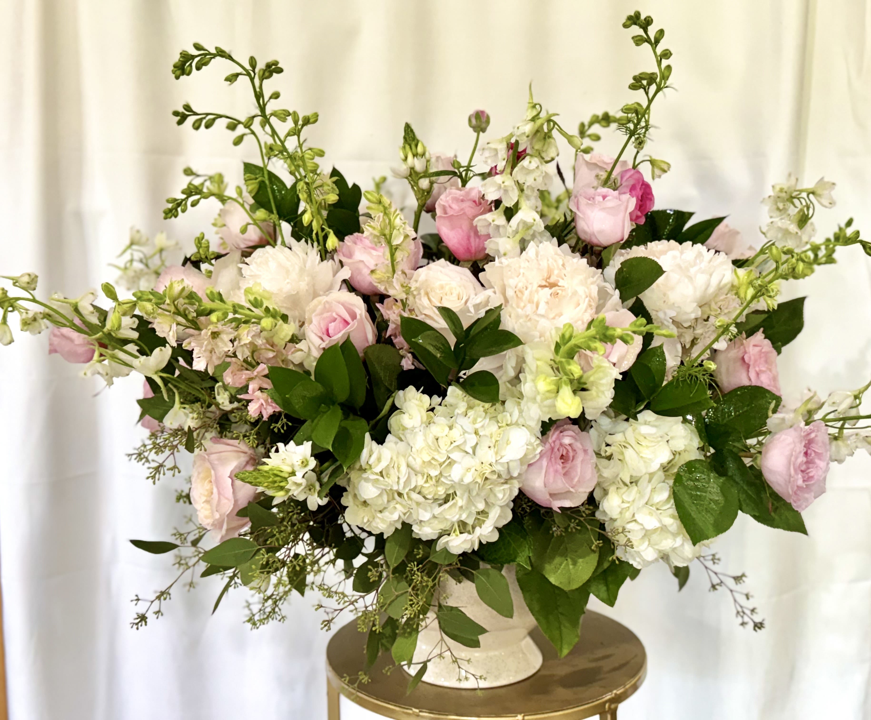 The Queen- In Red or Pink or Mix - A statement piece, royalty and beauty designed with Garden Roses, Hydrangeas, Eucalyptus and more.  Created for a real show stopper.