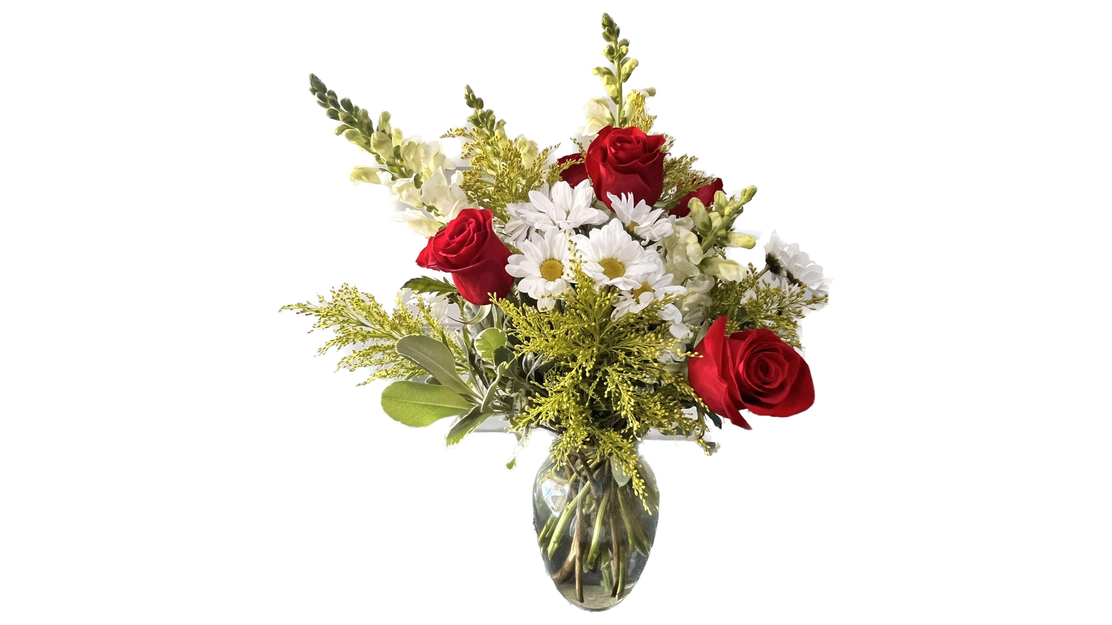 Dazzling white daisies  - beautiful red roses, white daisies, solidago, and white snap dragons 