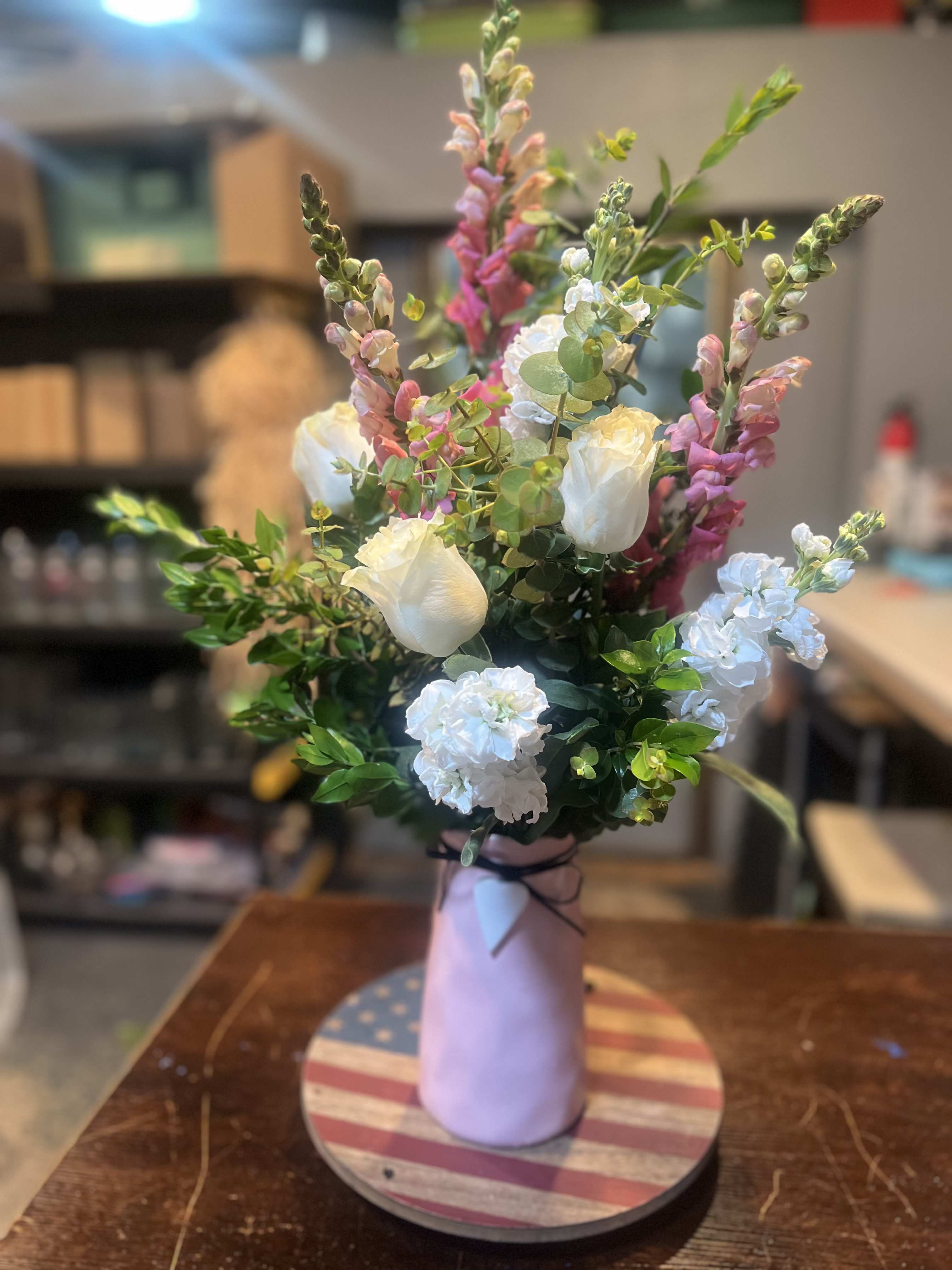 Sweet Love Bouquet - White flowers with pink in a vase