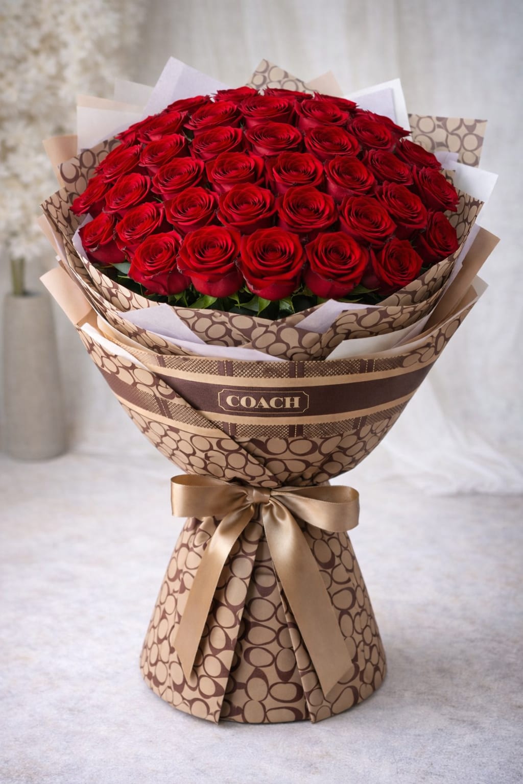 THE COACH CRUSH  - LIMITED EDITION FOR VALENTINE DAY  Make a statement with 24 premium red roses, hand-designed luxe bouquet and wrapped in signature Coach-inspired paper. Finished with layered tissue and a satin ribbon for a designer look. Perfect for Valentine’s Day,