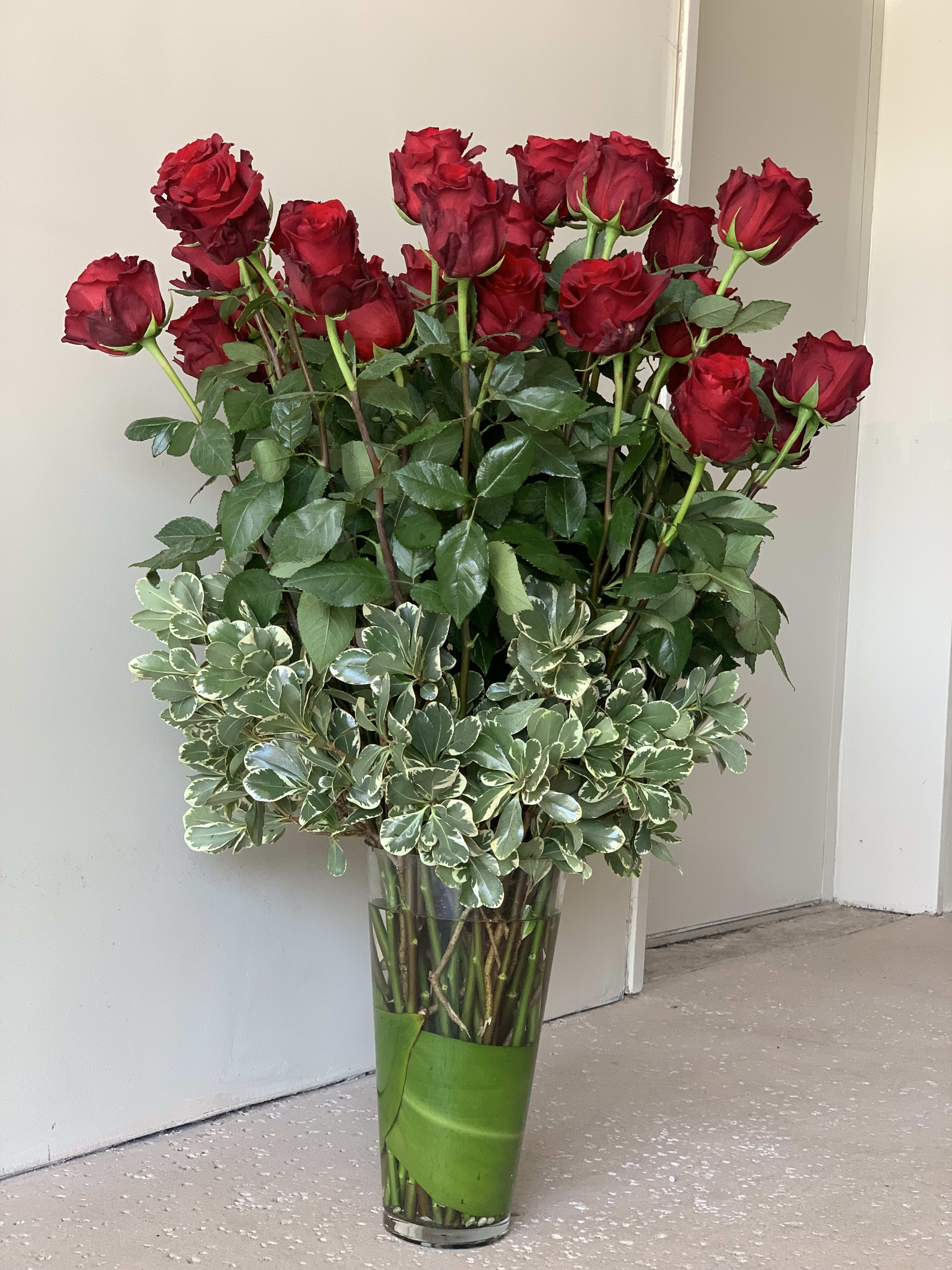 Red Light Beauty - A beautiful glass vase filled with long stem Ecuadorian roses and seasonal fillers. 