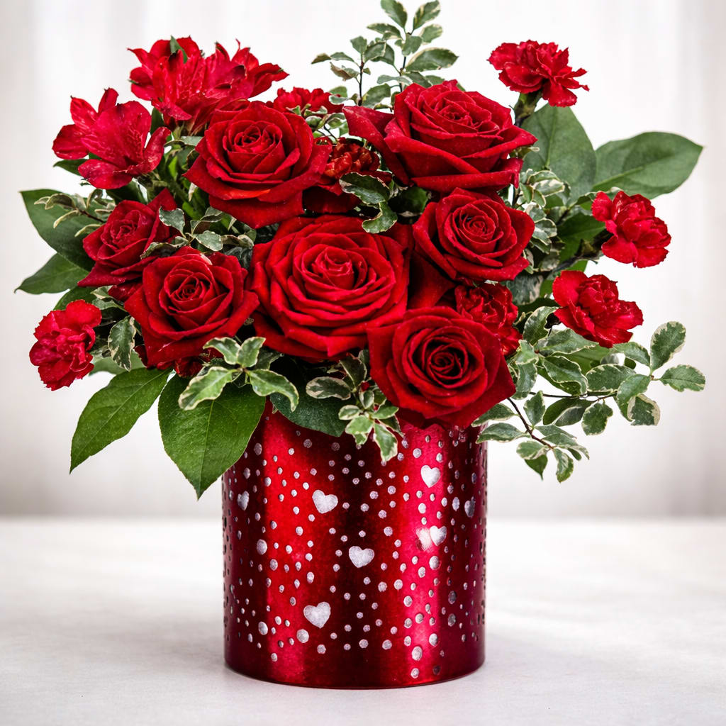 Crimson heart  - A rich and romantic arrangement of premium red roses accented with delicate red carnations and lush greenery, designed in a sparkling red heart-patterned cylinder vase. Timeless, elegant, and full of love