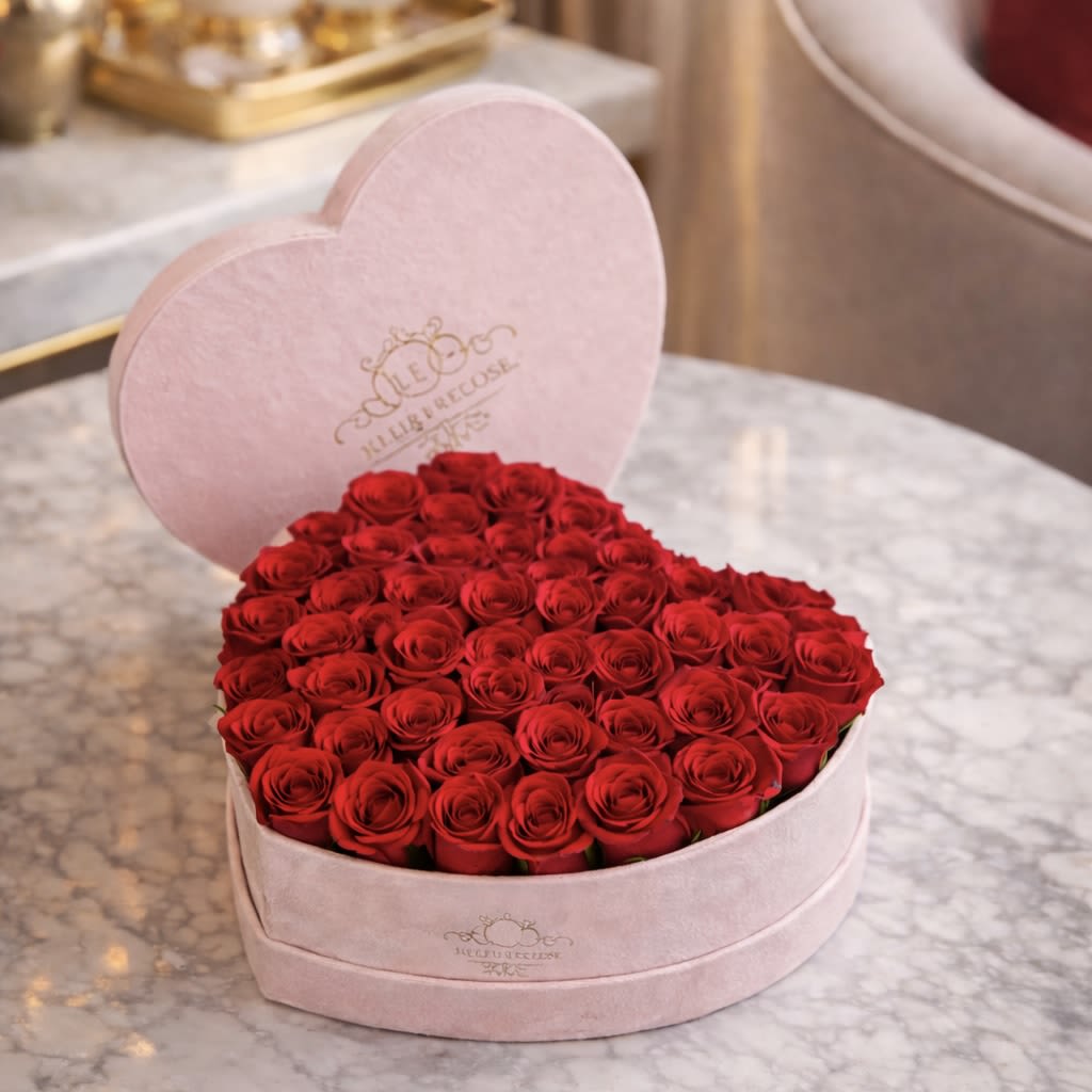  Velvet Passion — 36–42 Fresh Red Roses V - 36–45 premium fresh red roses arranged in our signature velvet hat box. A timeless symbol of love and elegance, this luxurious arrangement is handcrafted using freshly cut roses with rich, velvety petals and long-lasting beauty.  Perfect for romantic surprises, anniversaries, birthdays, or unforgettable gestures.   Fresh-cut premium roses  Elegant velvet designer box  Long-lasting blooms  Luxury gift presentation  Ready to impress instantly 