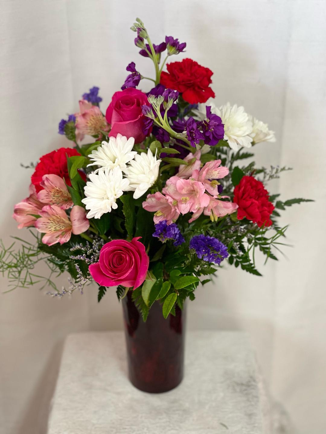 Garden of Love - Roses, white poms, stock, Alstroemeria and Carnations