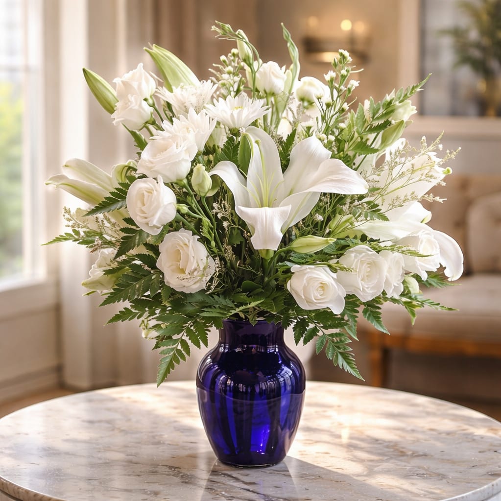 Blue Skies - Stunning white arrangement in a cobalt blue vase.