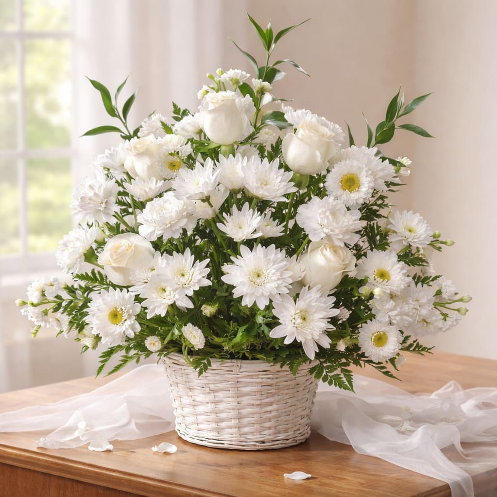 Simply Elegant  - All white basket arrangement in an 8″ wicker basket.