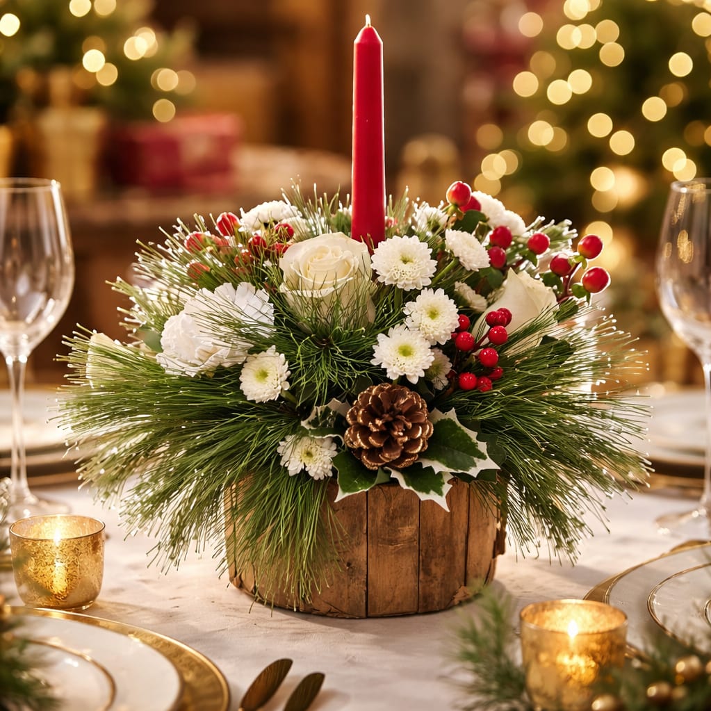 Snowflake Blossoms - Crispy white carnations and roses nestled in this  natural wood slat basket. Finished with a 12" tapered  candle.