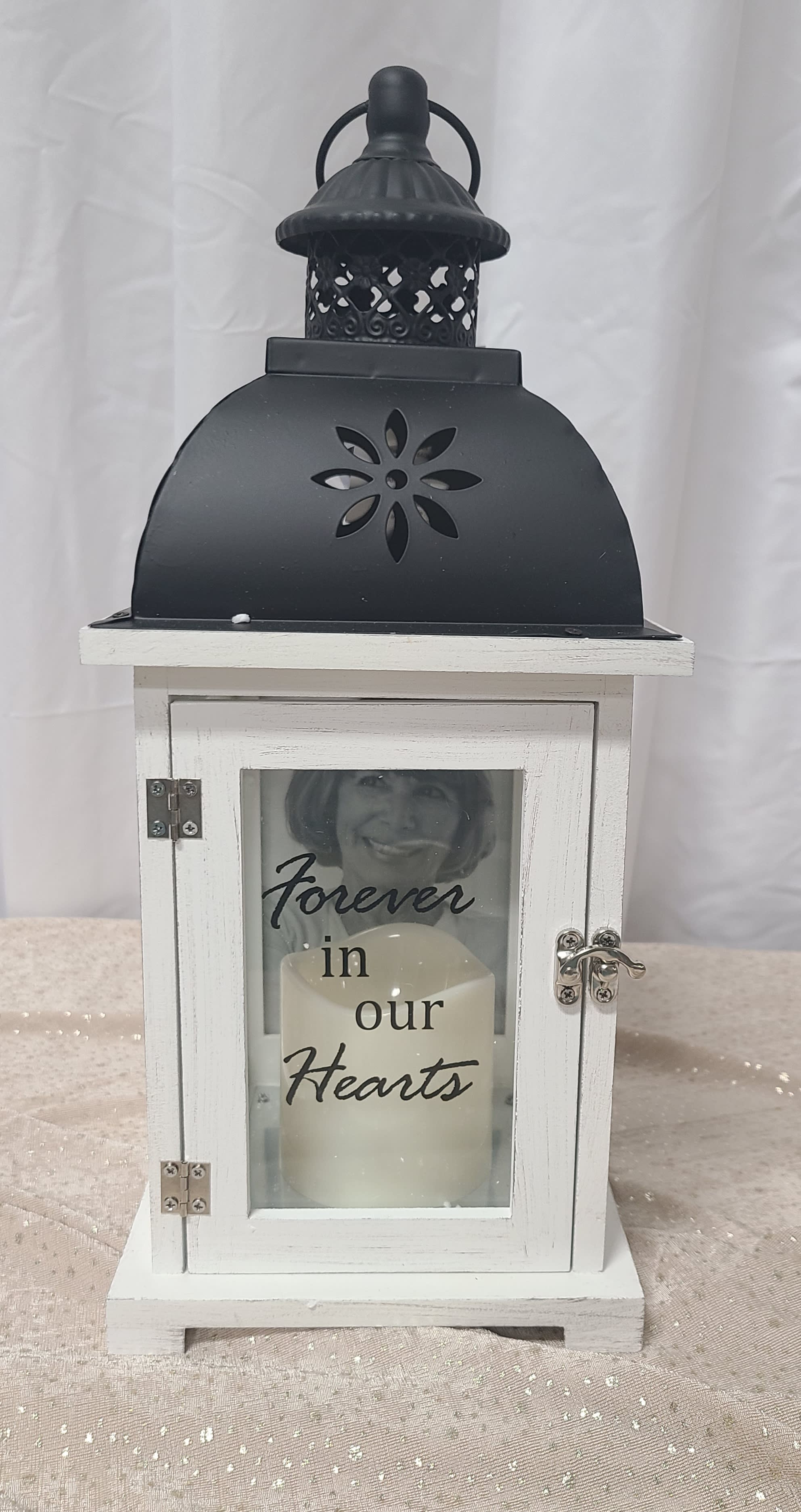 Forever in our Hearts Lantern - This Lantern has a battery operated candle and a picture can also be placed inside