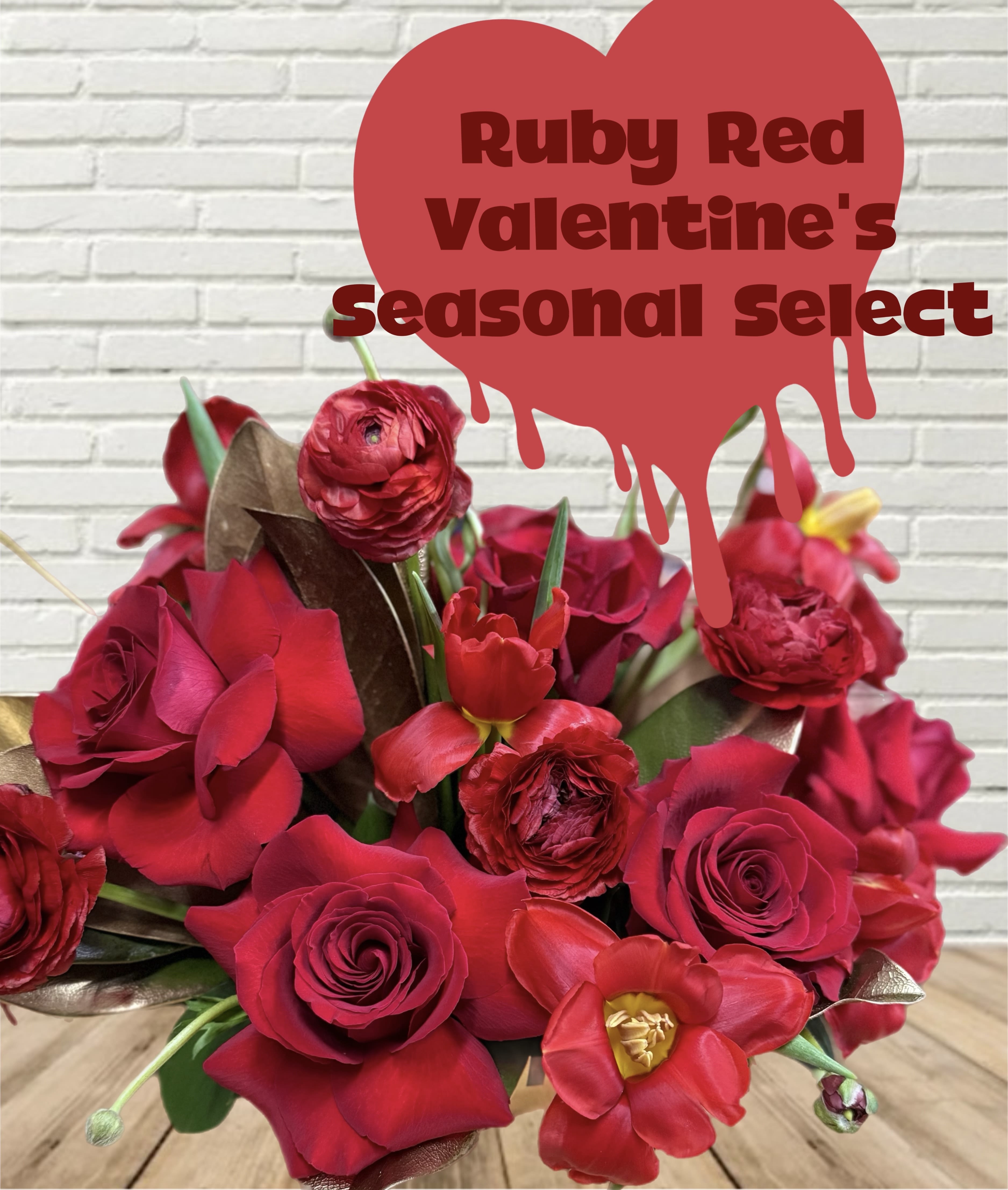 Ruby Red Valentines Seasonal Select - A stunning low &amp; lush red themed arrangement created by our expert designers with seasonal flowers!  Each arrangement is created for your order and flowers may vary between each order. 