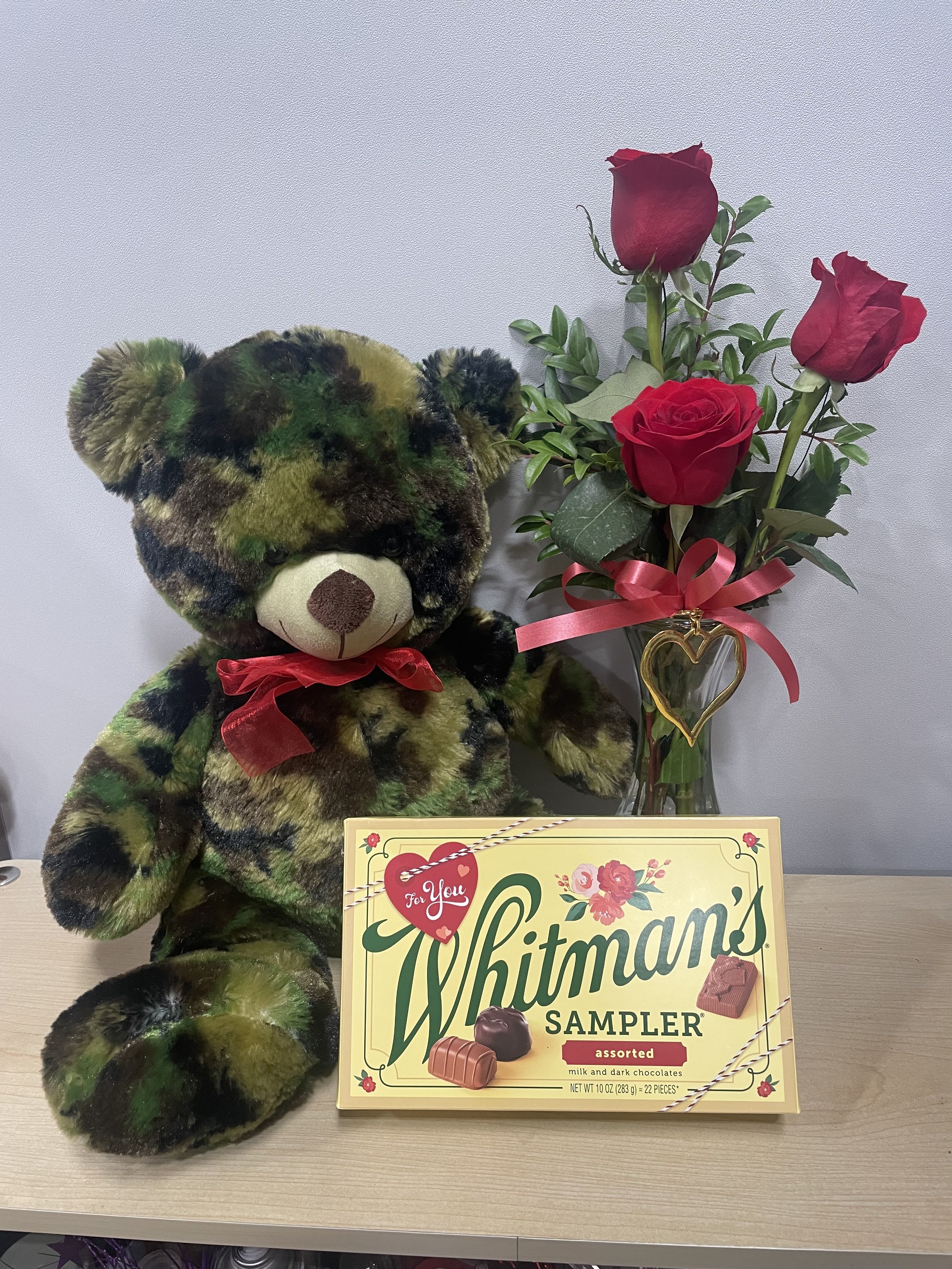 3 Red Rose Camo Bear Trio - As shown 