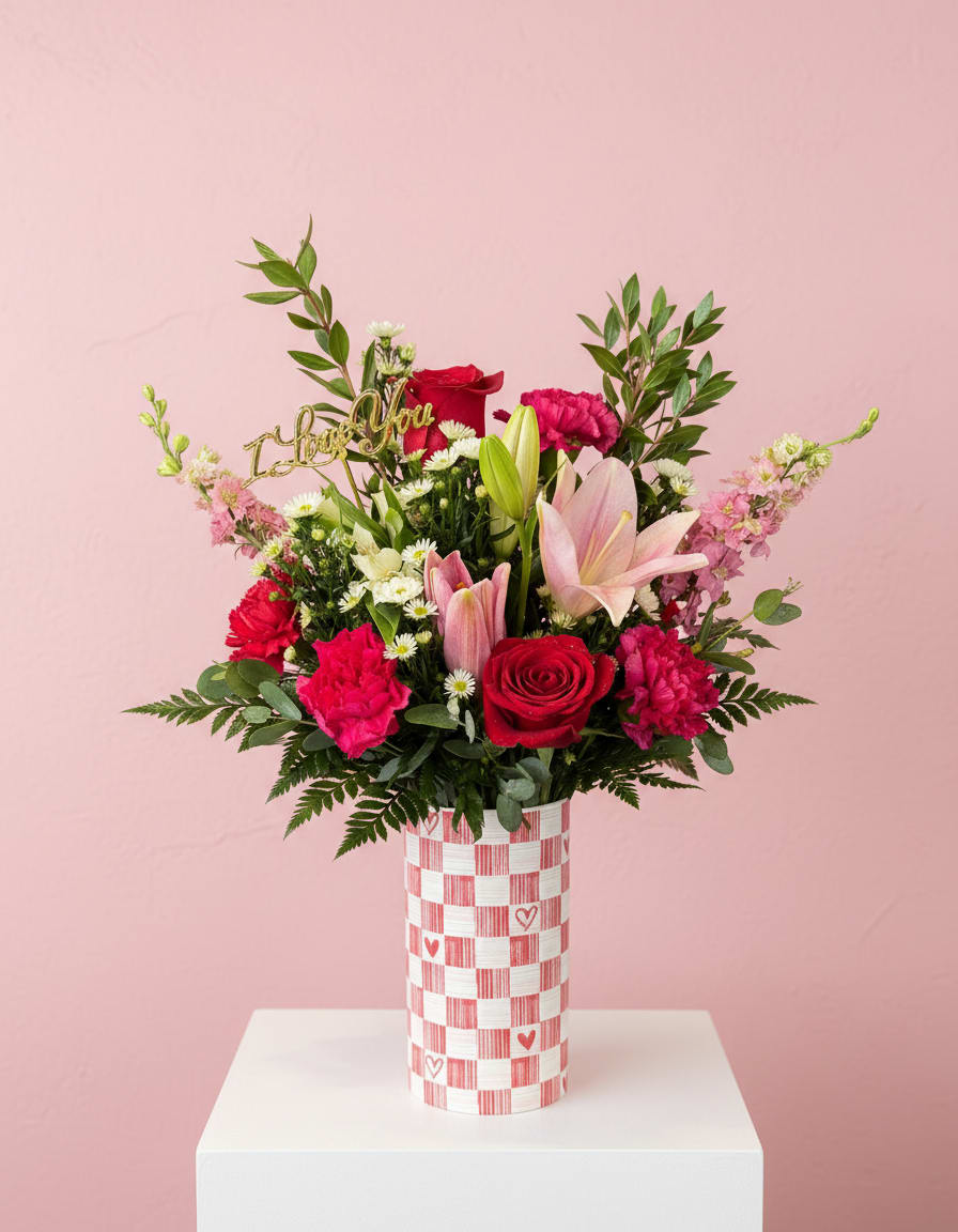 Heart in Check - Roses, Lillies, Snapdragons and filler in this cute checked valentines container