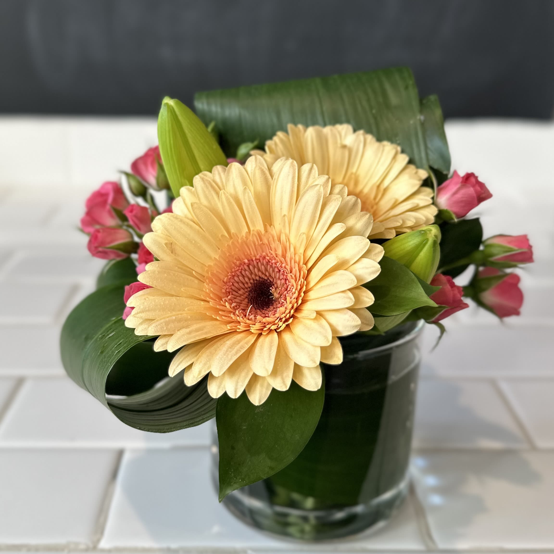 Spring Surprise - Minnesota grown Gerbera daisies, spray roses,  and lilies mix in this low modern arrangement.