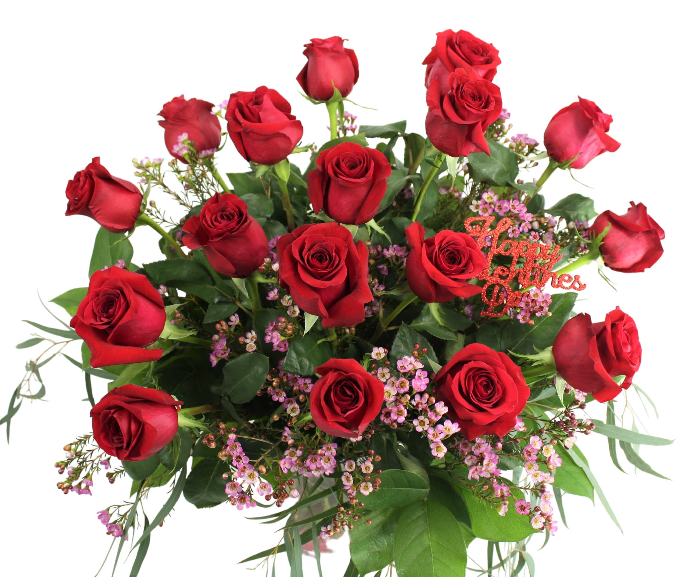 The Ferrari | 1.5 Dozen Roses! | Premium Shown - 18 red roses arranged in a vase with greens and accent flowers.  Standard: Roses arranged in a vase with greens.  Premium: Roses arranged in a vase with premium greens and accent flowers.