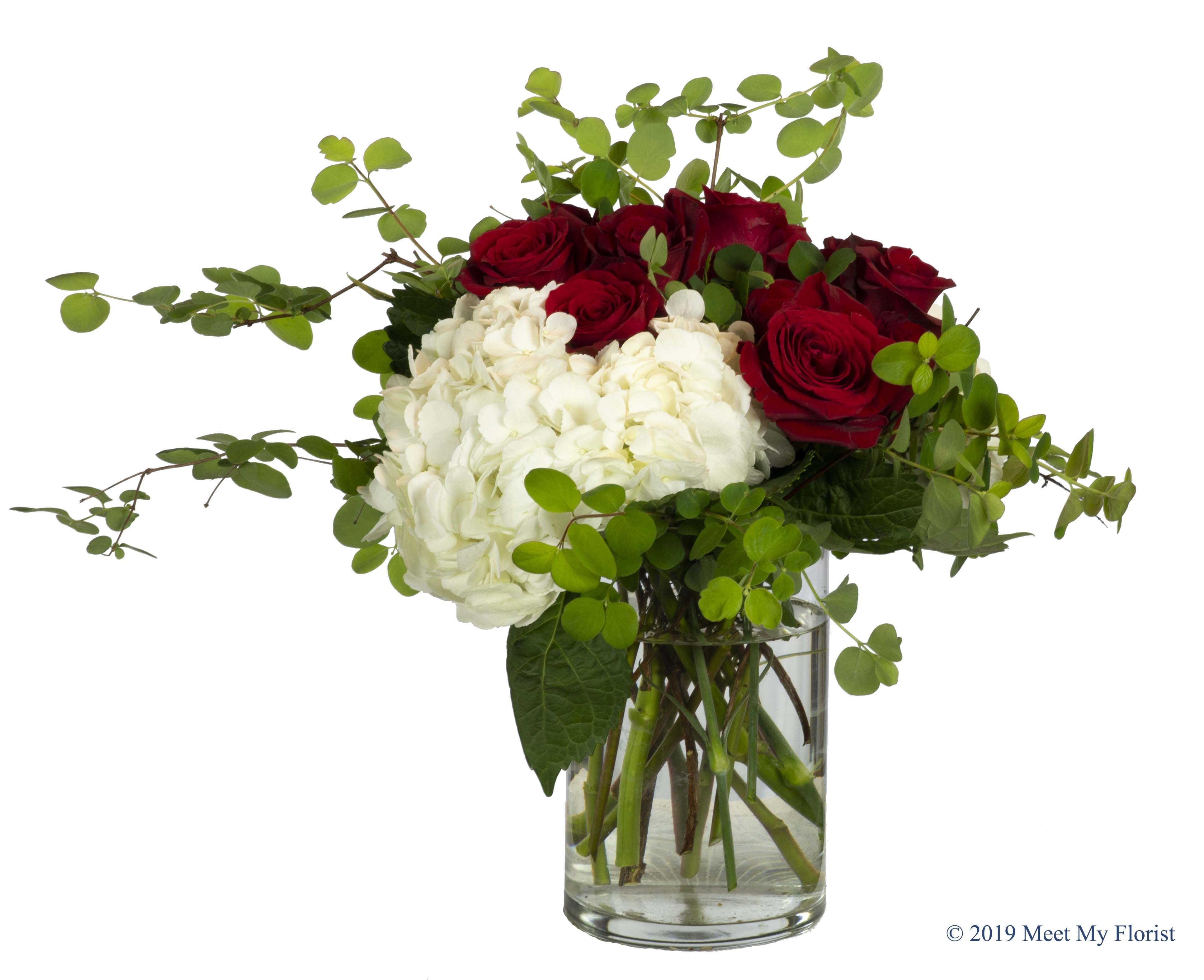 romance - This is a creative way to say I love you with red roses and hydrangea