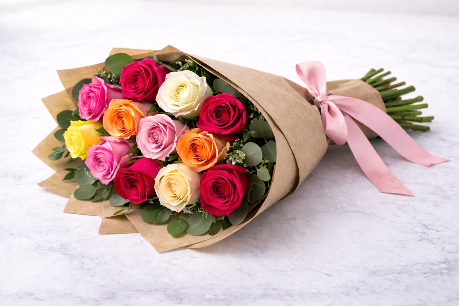 The Perfect Mixed Dozen - A beautiful wrapped bouquet of premium roses in assorted colors, accented with fresh greenery for a stunning, timeless look. Rose colors are selected from the freshest availability of the day. If you have a MUST-HAVE COLOR, please note it at checkout.