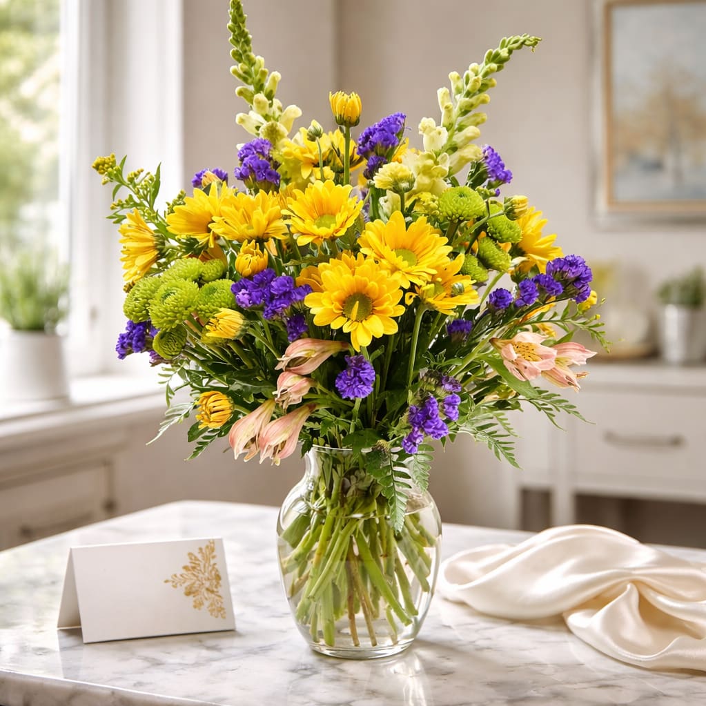 Sun Drenched - Yellow daisy, green button, yellow alstromeria, yellow snap dragons  and purple statice in a clear glass gathering vase
