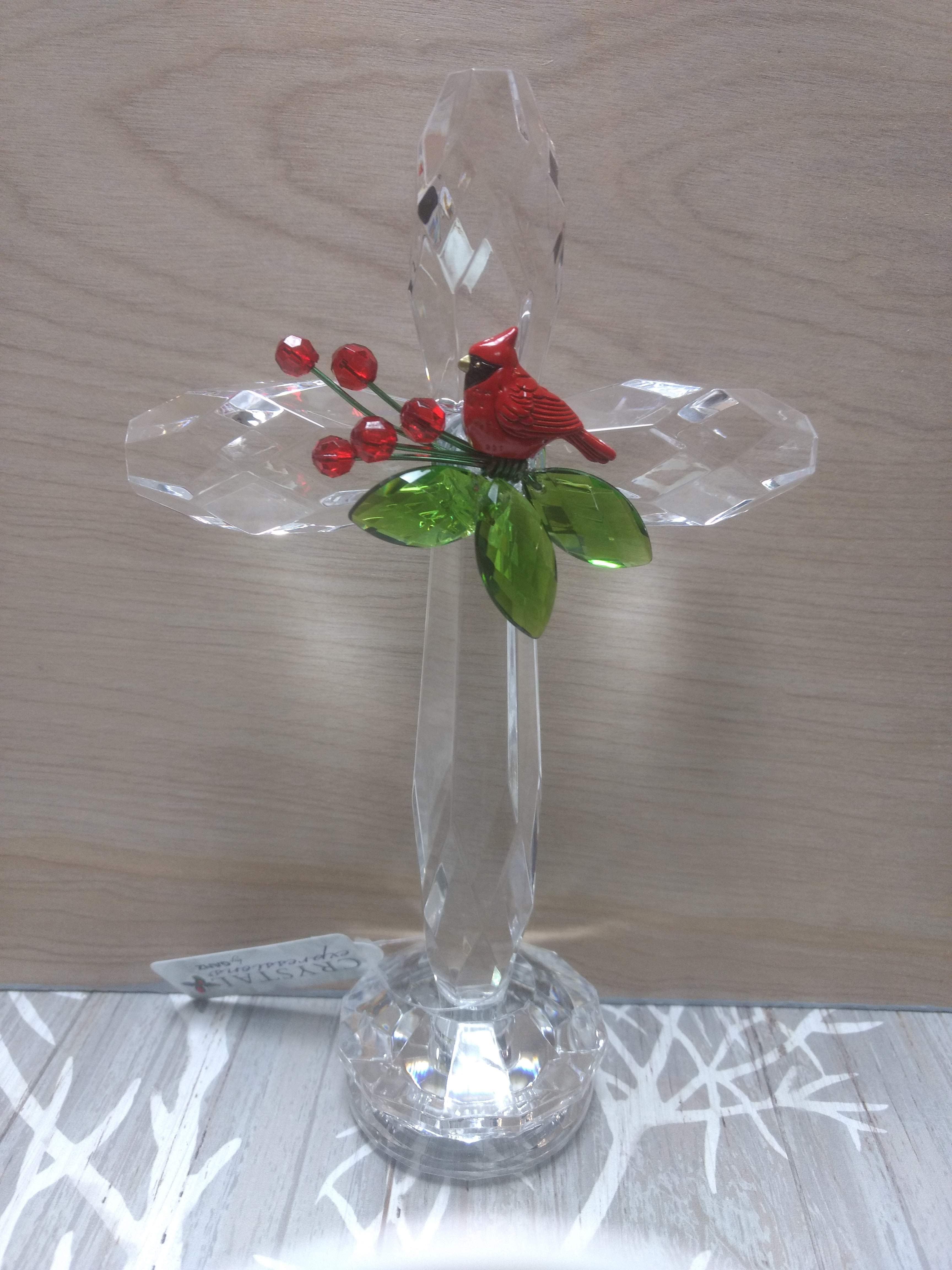 Cardinal Standing Cross  - 7 1/2" clear acrylic standing cross with a cardinal, leaves and berries made by Crystal Expressions, no upgrade available
