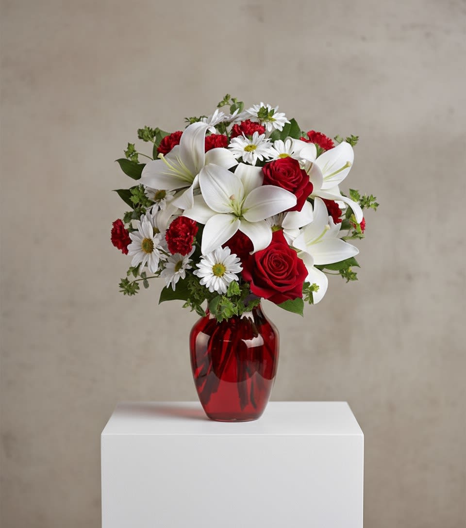 Visions of Love Bouquet - Give your special someone visions of love with this luxurious gift of bright white lilies and romantic red roses, presented in a radiant red vase.  This beloved bouquet includes red roses, white asiatic lilies, red carnations, red miniature carnations, white cushion spray roses, white sinuata statice, dusty miller, huckleberry, and lemon leaf.  Delivered in a ruby rose vase.