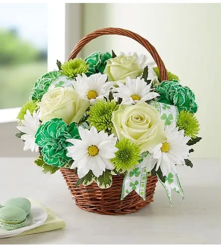 St. Patrick's Day Flower Basket - The natural beauty of the Irish countryside comes alive in our classic, St. Patrick’s Day arrangement. A willow basket is hand-gathered with green and white blooms, then finished with a charming shamrock ribbon. As a gift or centerpiece, this fresh-picked favorite lets them celebrate the holiday and all its traditions in style.  Product ID 167396S  Premium Approximately 10"H x 10"L Deluxe Approximately 12"H x 12"L Standard Approximately 14"H x 14"L