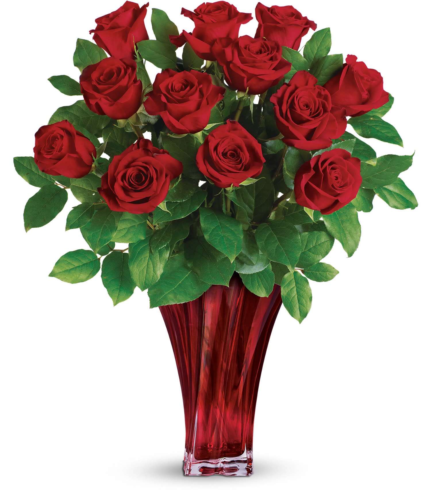 Legendary Love Bouquet - This radiant bouquet includes long stemmed red roses and lemon leaf. Delivered in a Love's Passion vase. Approximately 20" W x 22 1/2" H