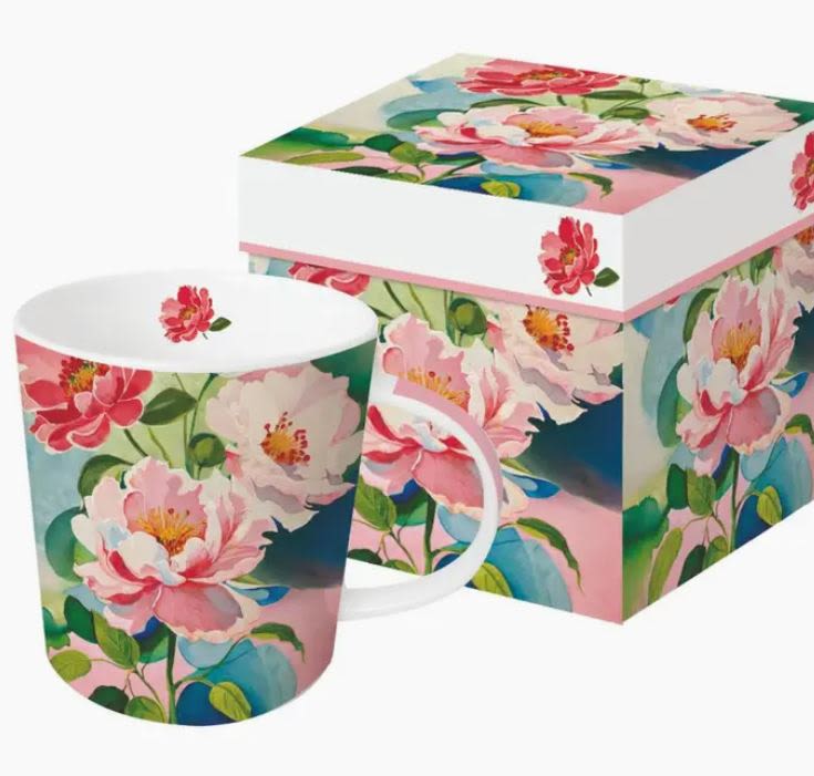 Peony Mug in Gift Box - Bone china mug 13.5 oz, micro/dishwasher safe Packaged in matching decorated gift box