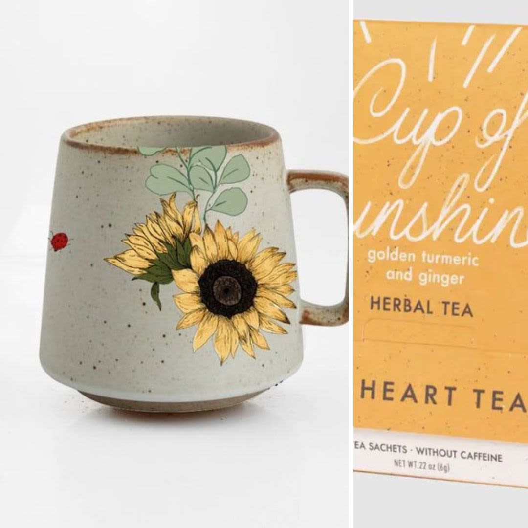 Sunflower Mug|Cup of Sunshine Tea - Send some SUNSHINE!!! Artisan Sunflower Mug 12 oz ceramic mug. Microwave and dishwasher safe. Mug comes in a gift box. Packaged with Big Heart Tea's Cup of Sunshine Tea for Two. All presented in a gift bag with tissue and bow. 
