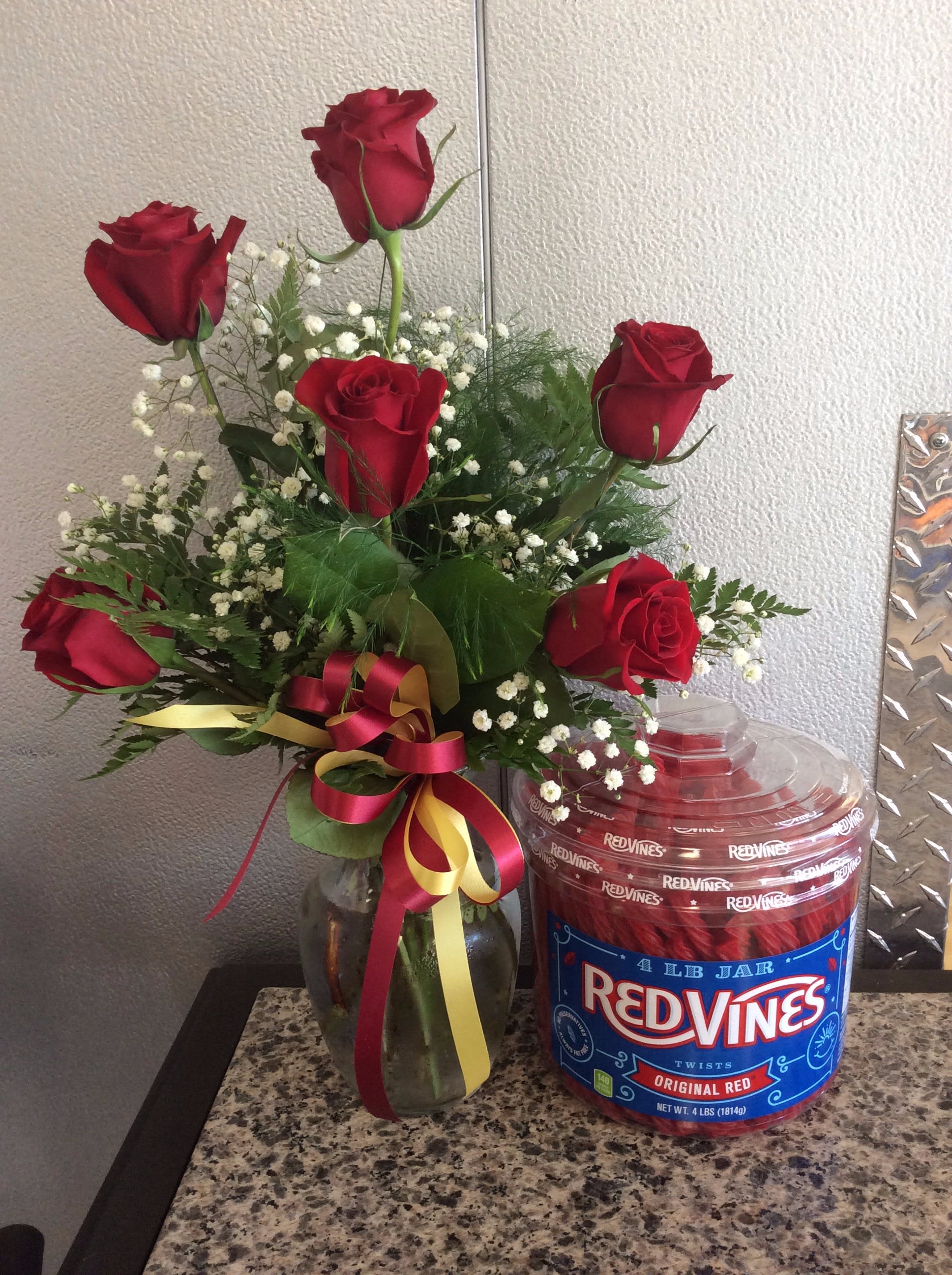 Red Roses, ASU Bow &amp; Vines - 6 Lovely red roses, ASU Bow &amp; 4lb. tub of Red Vines!!