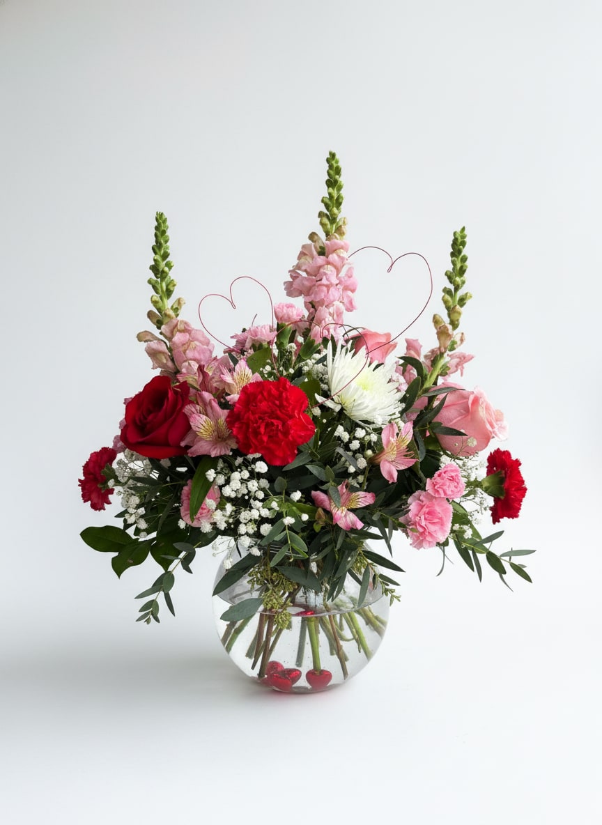 Galentine's  - This arrangement is a stunning display of elegance and refinement that showcases gentle movement, layered textures, and timeless color harmony, creating a design that feels expressive—perfect for special occasions, romantic gestures, or centerpiece setting.  Size Approximately 20" H X 18" W 8" Bowl Vase 