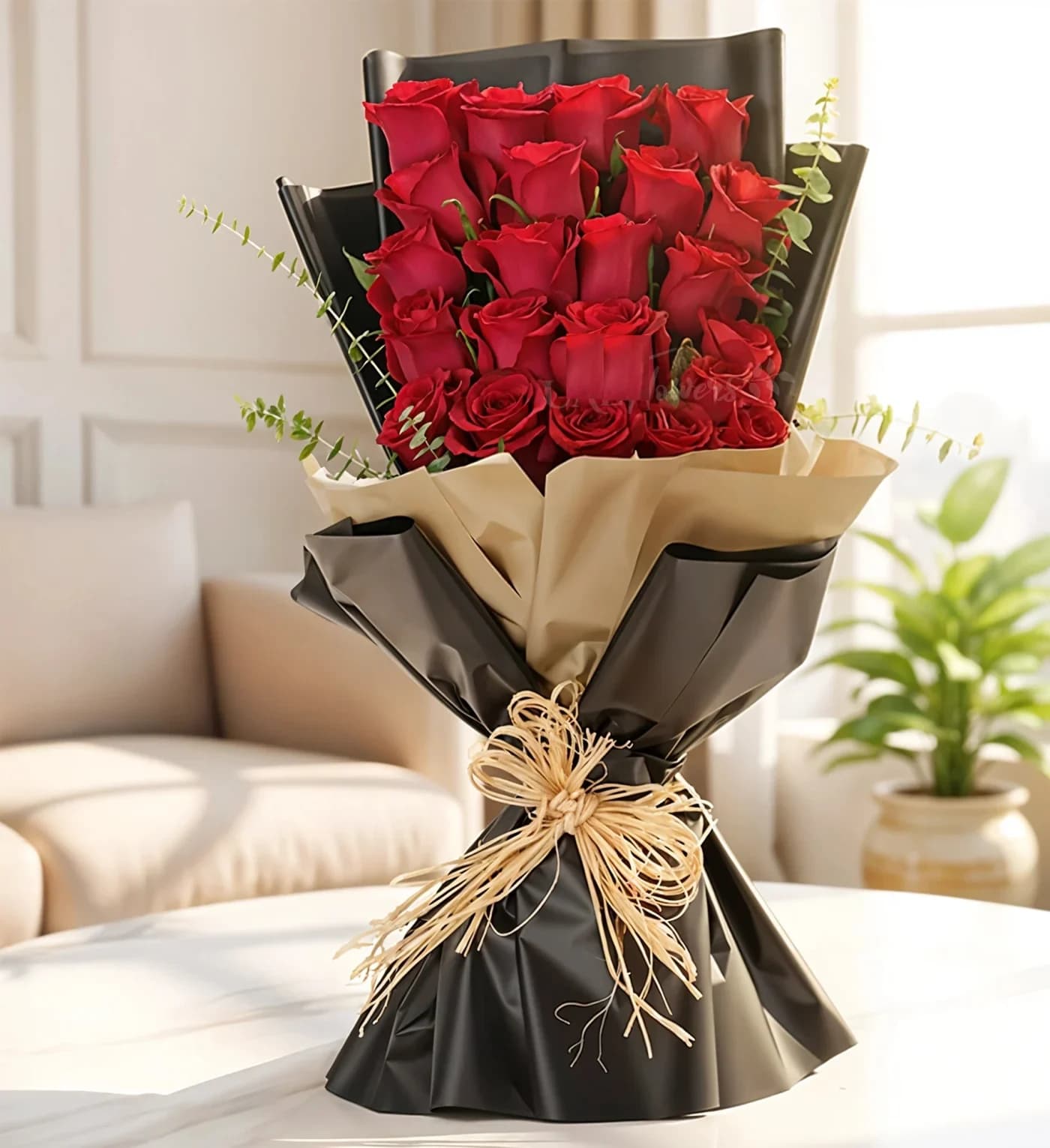 celebrating love rose wrapped Bouque  -   A bold and elegant bouquet of 24 vibrant red roses, accented with lush green fillers, and wrapped in stylish black and beige paper. Tied with a rustic raffia bow, this bouquet is a beautiful expression of love and passion, perfect for romantic gestures or making a lasting impression on any special occasion.!Standard: 24 Roses. Deluxe:36 Roses. Premium: 48 Roses.  