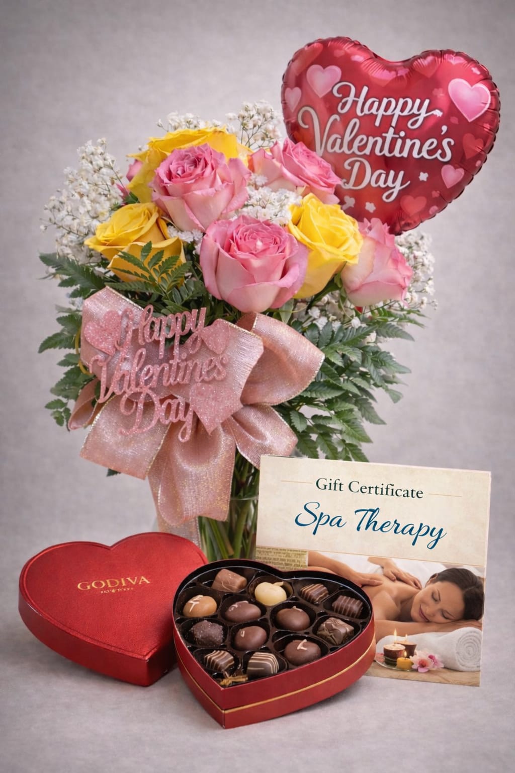 Valentines bundle - 1 dozen roses, $50 gift card to Spa Therapy, a Mylar balloon and a box of chocolates. 