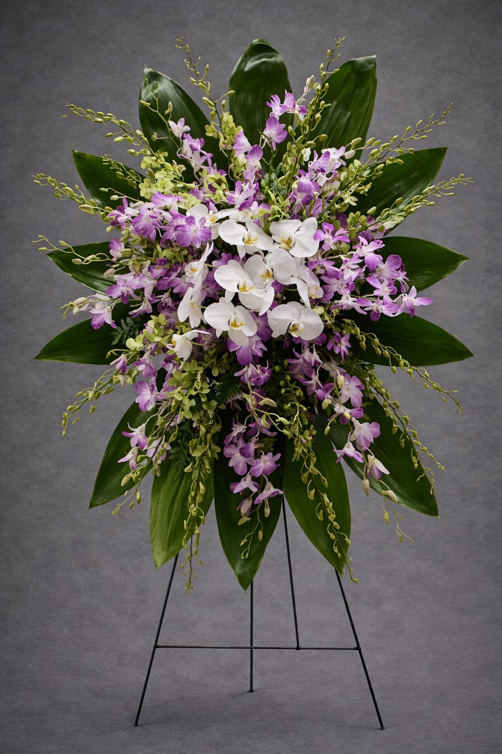Graceful Orchids  - A lovely standing spray of purple dendrobium orchids complete with graceful white phalaenopsis orchids, surrounded by tropical foliage.  The arrangement is approximately 48" H and 24" W.  Due to the specialty orchids used in this arrangement, we kindly request that orders be placed at least 3–5 days in advance, with one week’s notice preferred, especially for funeral services. Orchids are not always readily available and require time for proper sourcing and preparation. Orders placed without sufficient notice may need to be modified or, in some cases, canceled. We appreciate your understanding and allow us the time to create a beautiful and meaningful arrangement. 