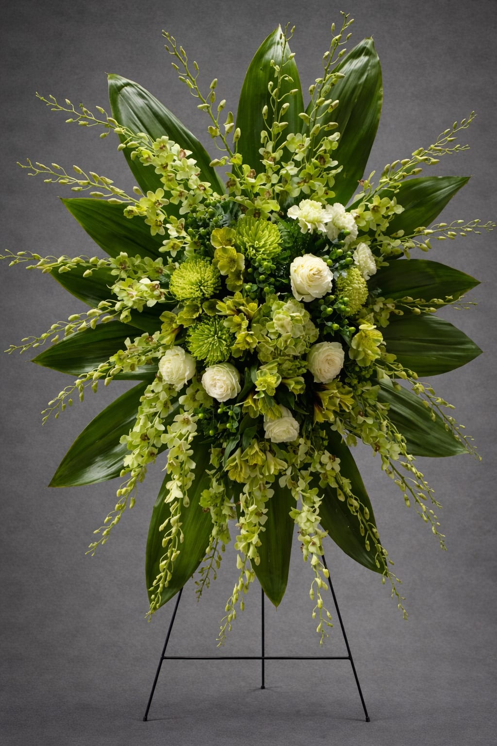 Tropical Standing Spray - A serene and graceful tribute, featuring elegant green orchids, pure white roses, Green cymbidium orchids symbolize peace and resilience,  and roses add a timeless touch of love and remembrance. This arrangement serves as a heartfelt expression of sympathy and support.  Due to the specialty orchids used in this arrangement, we kindly request that orders be placed at least 3–5 days in advance, with one week’s notice preferred, especially for funeral services. Orchids are not always readily available and require time for proper sourcing and preparation. Orders placed without sufficient notice may need to be modified or, in some cases, canceled. We appreciate your understanding and allow us the time to create a beautiful and meaningful arrangement.