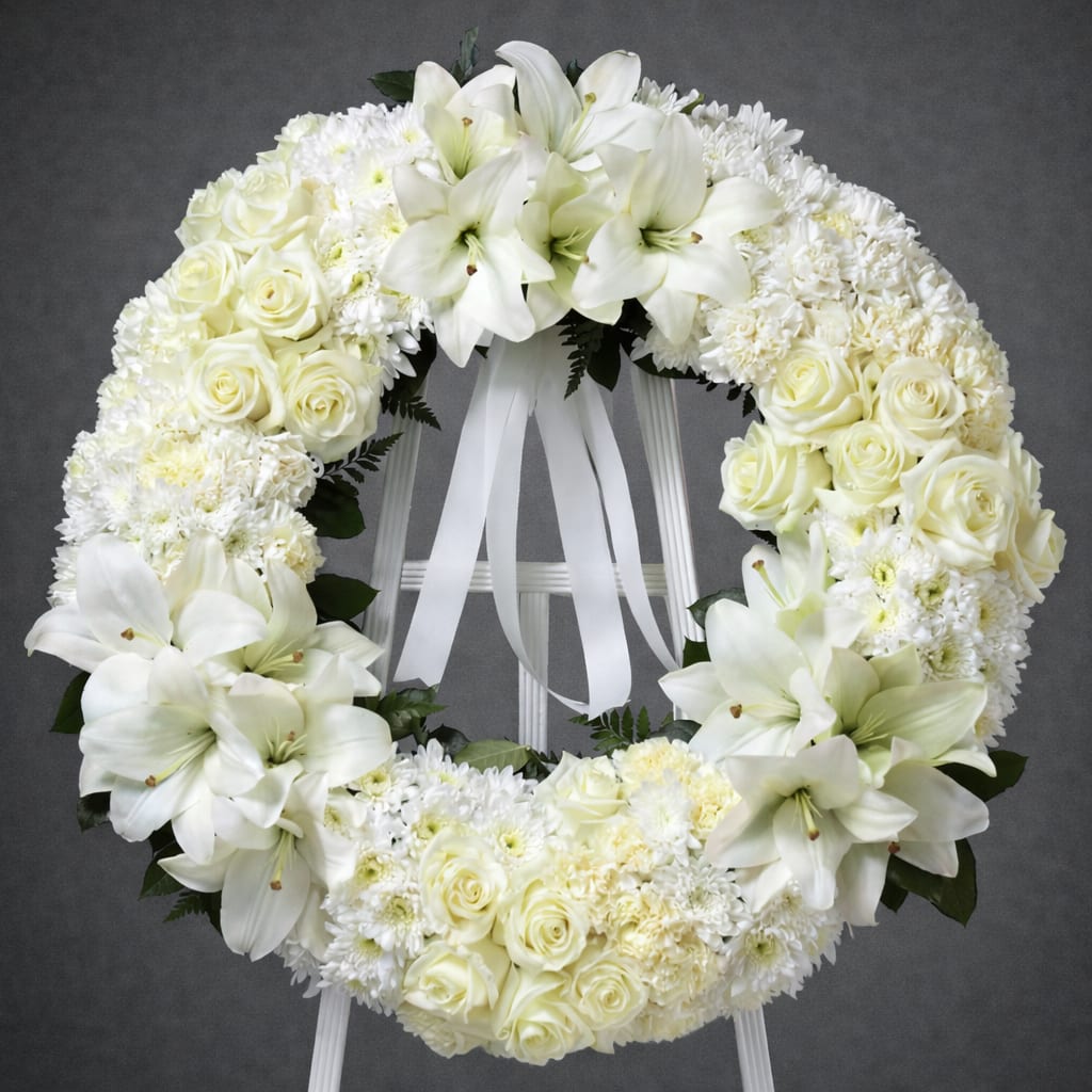 In Our Hearts - A ring of fragrant, bright white blossoms will create a serene display at any funeral or wake. This classic wreath is delivered on an easel, and is a thoughtful expression of sympathy and admiration.  A standing wreath created from fresh white flowers such as roses, Asiatic lilies, carnations and cushion spray chrysanthemums - accented with greenery - is delivered on an easel.
