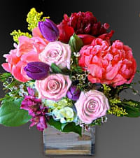 Beautiful Life - A fabulous arrangement of hot pink peonies, purple roses and tulips. Florist designed in modern groupings with accents of luxury greens in a premium glass vase.