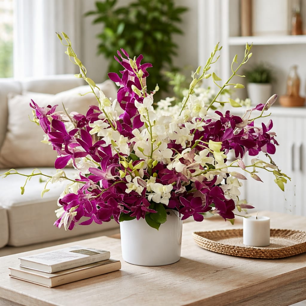 Kokomo Tropical Orchid Arrangement  - Kokomo Tropical Orchid Arrangement – By My Blooming Business  Bring the island vibes home with the Kokomo arrangement from My Blooming Business. Designed in a sleek white ceramic vase, this tropical floral arrangement features elegant purple and white Dendrobium orchids that evoke the beauty of a lush island getaway. Perfect for summer celebrations, birthdays, or just to brighten someone's day, Kokomo adds a touch of paradise to any space.  This eye-catching floral display is ideal for homes, offices, and special occasions, offering a tropical escape without leaving Los Angeles. Available for same-day flower delivery in the Los Angeles area.