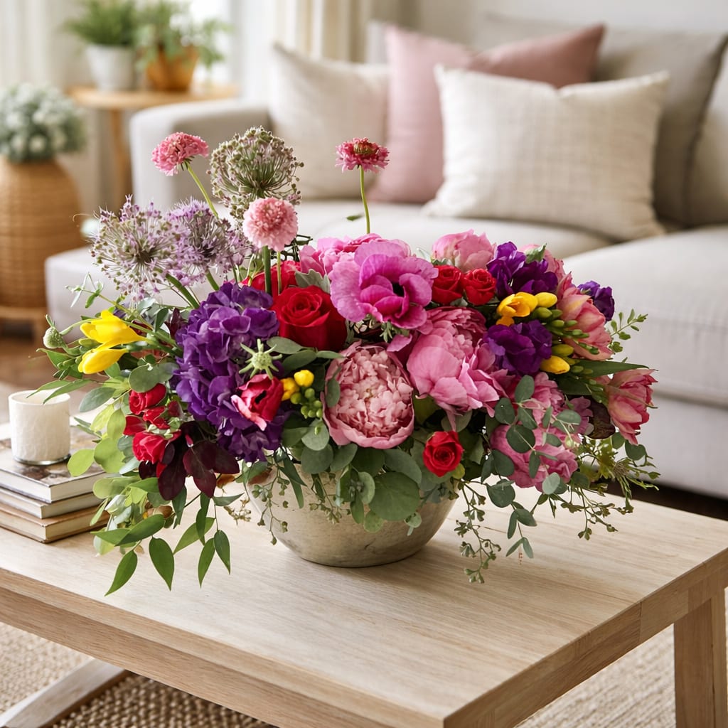 Peonies and Roses - Lush, joyful, and full of life, this peonies and roses arrangement is a celebration of color and texture. Soft, ruffled peonies take center stage, paired beautifully with classic roses and accented by seasonal blooms in vibrant shades of pink, magenta, purple, and golden yellow. Fresh eucalyptus and garden greenery add a natural, flowing finish that feels effortless yet refined.  Designed in a low, elegant vessel, this arrangement is perfect for coffee tables, dining tables, or entry consoles—bringing warmth and beauty into any home. Whether sent to mark a special occasion or simply to brighten someone’s day, this design makes a bold yet graceful statement.  Perfect for: • Anniversaries • Congratulations • Thank-you gifts • Just-because moments  Flower varieties may vary slightly based on seasonal availability, but the overall color palette and lush garden style will always be honored.