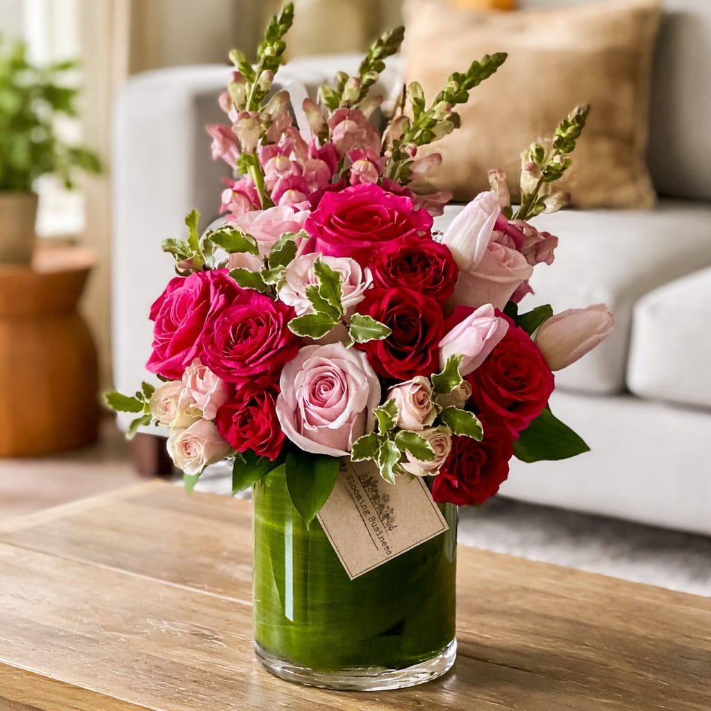 Tender Moments - Our Cherish arrangement is to send someone you care very much for. A combination of pink florals such as roses, spray roses, tulips and snapdragons filled in a clear cylinder vase with green tea leaf. 