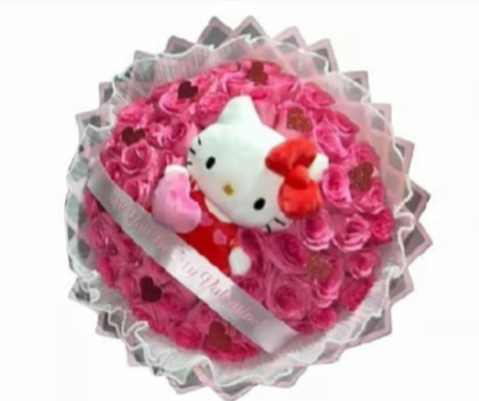 Kitty Love - Beautiful bouquet of pink roses accompanied by an adorable Hello Kitty plush, perfect for expressing love and sweetness for any special occasion.