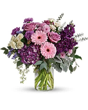 Magnificent Mauves Bouquet - This harmonic mix of deep purple hydrangea with light lavender roses and sweet pink gerberas is a dreamy delight on any occasion. This magnificent bouquet features purple hydrangea, lavender roses, crÃ¨me spray roses, pink gerberas, lavender carnations, purple stock, lavender cushion spray chrysanthemums, lavender sinuata statice, dusty miller, spiral eucalyptus, seeded eucalyptus, silver dollar eucalyptus, and lemon leaf. Delivered in a clear milk jug vase.