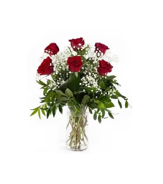 1/2 Dozen Red Roses - 6 beautiful red roses arranged in a vase with baby's breath and greens.